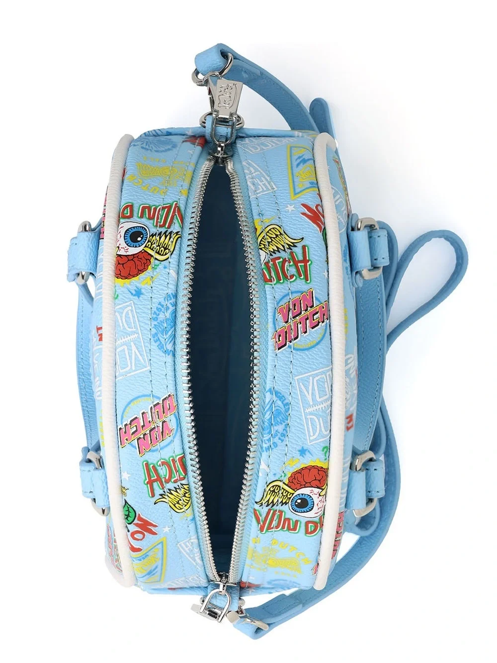 Von Dutch Light Blue Dome Satchel with Multicolor Logo Print